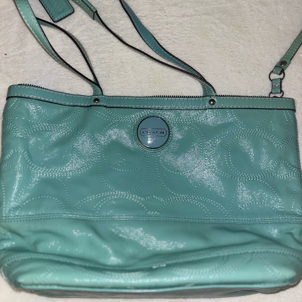 Coach Blue Leather Shoulder Bag with Glossy Finish